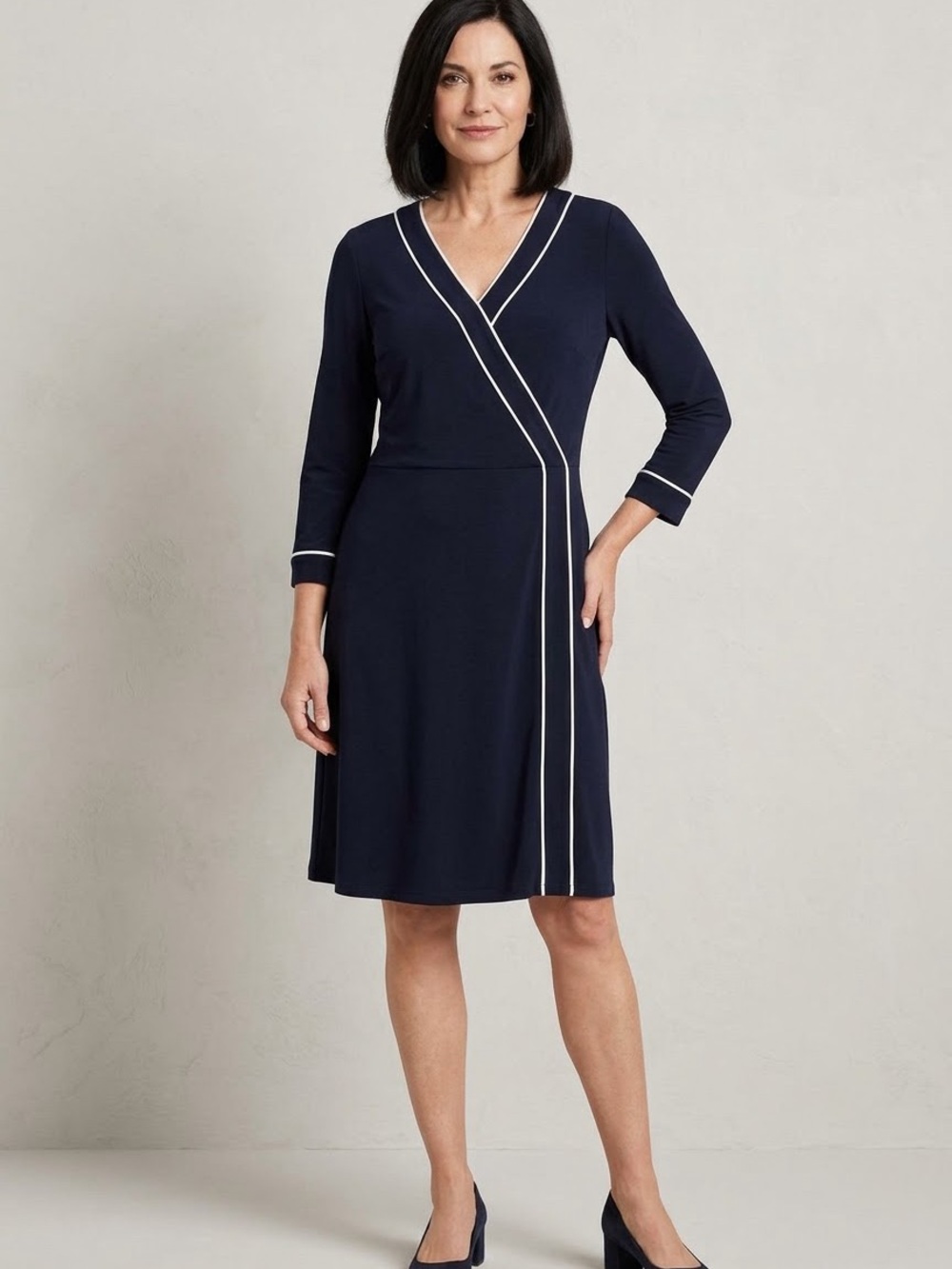 Talbots Women's Size Small Navy Blue Faux Wrap Dress White Trim 3/4 Sleev